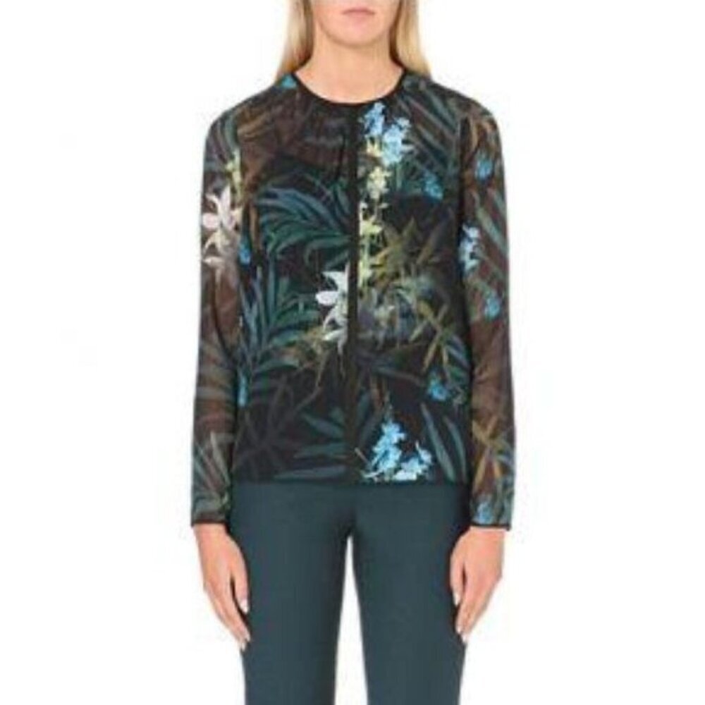 Ted Baker SIze 6 Black Twilight Floral Sheer Top Long Sleeve Blouse